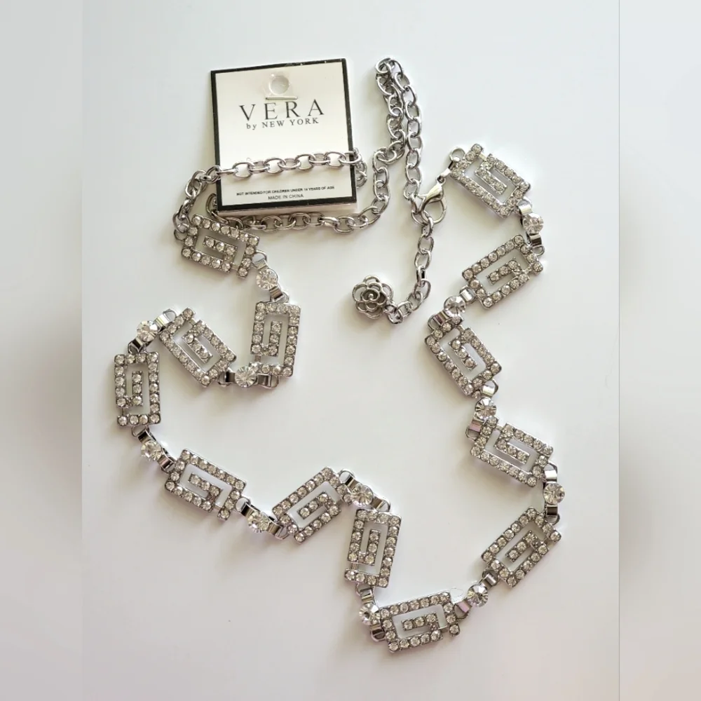 Rhinestone Chain Belt - Vintage Greek Key Design with a Rose Drop
